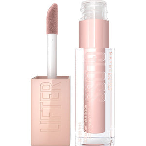 Pink lip gloss with applicator on a white background