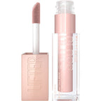 Pink lip gloss with applicator on a white background