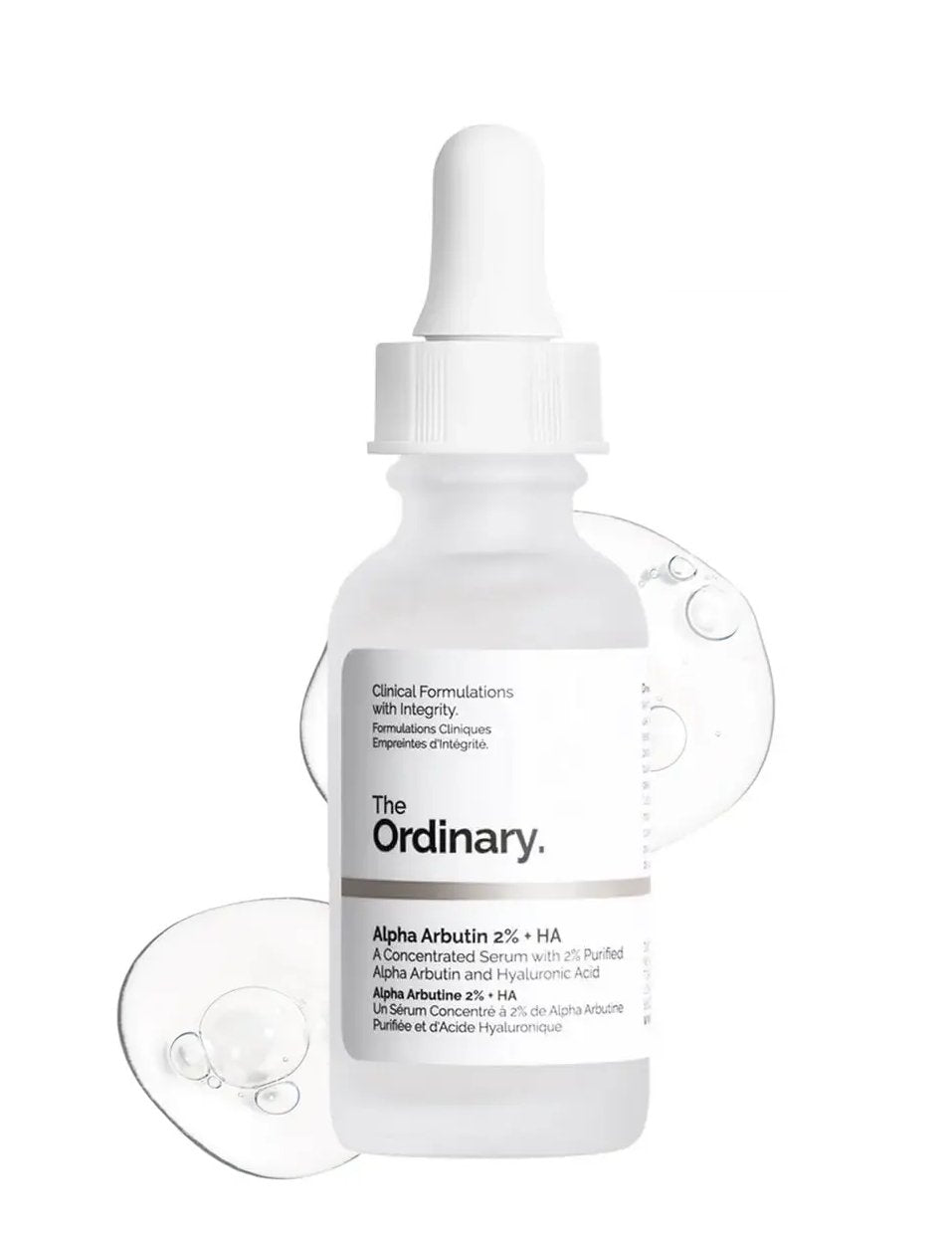 The Ordinary skincare serum bottle with dropper on a white background