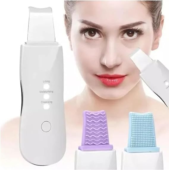 Woman using a skincare device with attachments on a white background