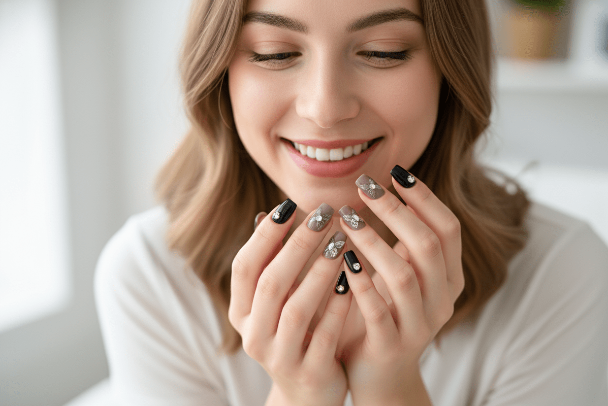 Woman with stylish nail art smiling and showing off her hands.