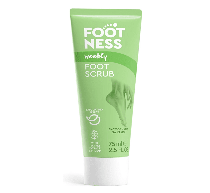Green tube of Footness foot scrub on a white background
