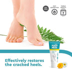 Foot cream packaging with a person's feet and plants, emphasizing cracked heel repair.