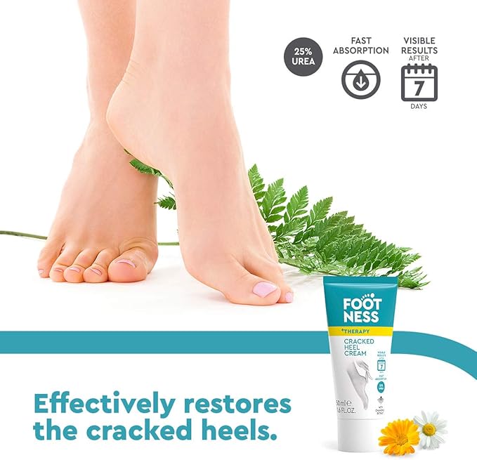Foot cream packaging with a person's feet and plants, emphasizing cracked heel repair.