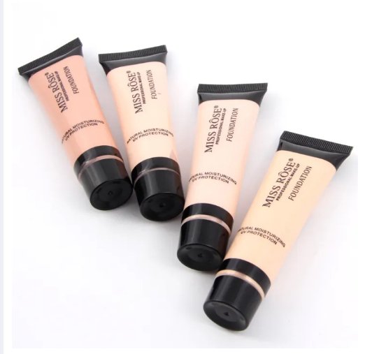 Four tubes of Miss Rose foundation on a white background