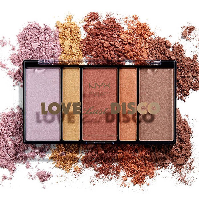 Makeup palette with crushed powder on a white background, featuring the NYX brand.
