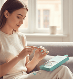 Woman sitting on a couch holding a pen and a teal box in a bright room.