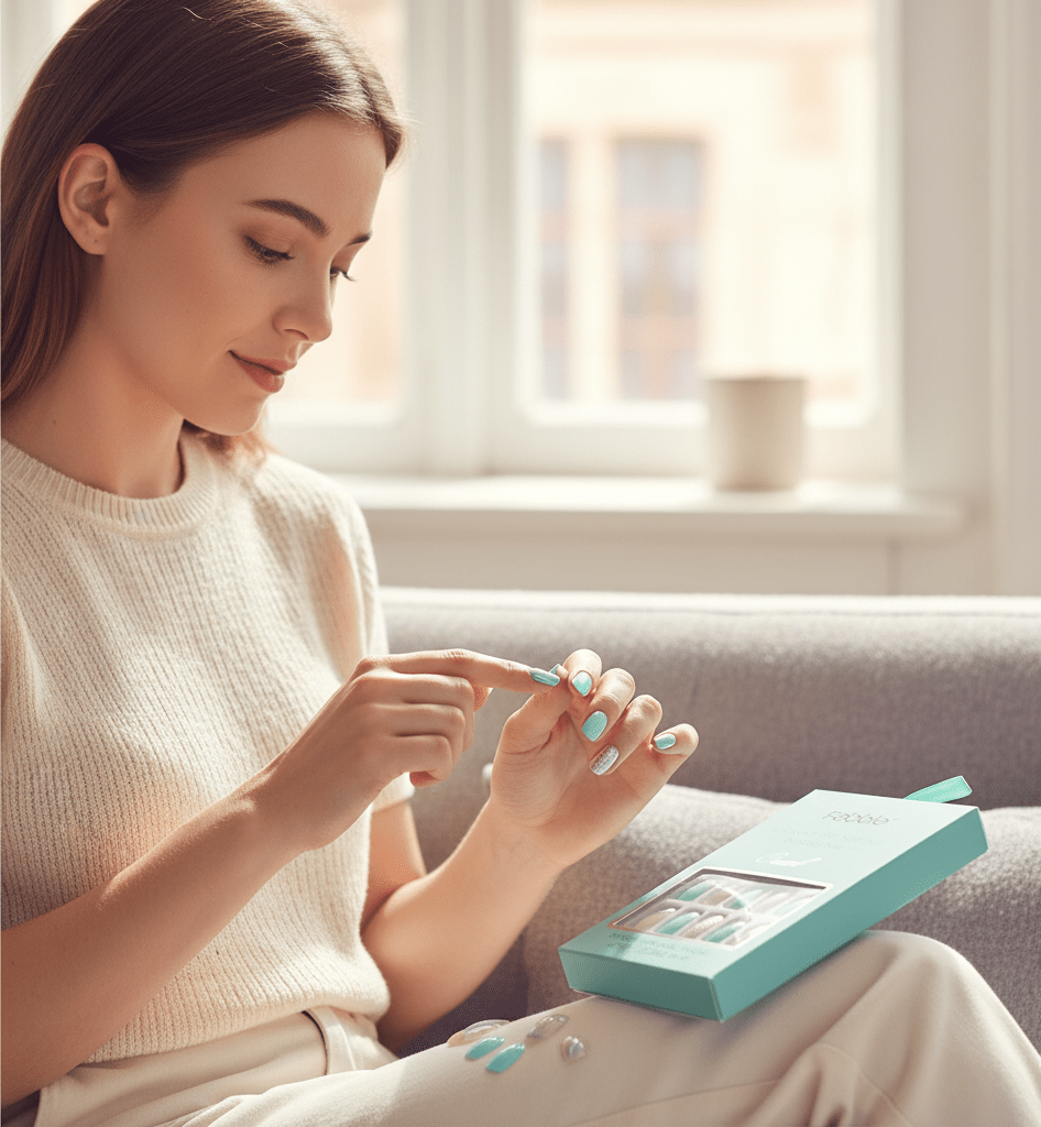 Woman sitting on a couch holding a pen and a teal box in a bright room.