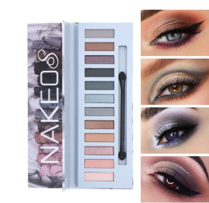 Makeup palette with 'Naked' branding, surrounded by eye makeup examples.
