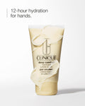 Clinique hand cream tube with text '12-hour hydration for hands' on a white background