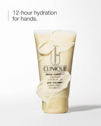 Clinique hand cream tube with text '12-hour hydration for hands' on a white background