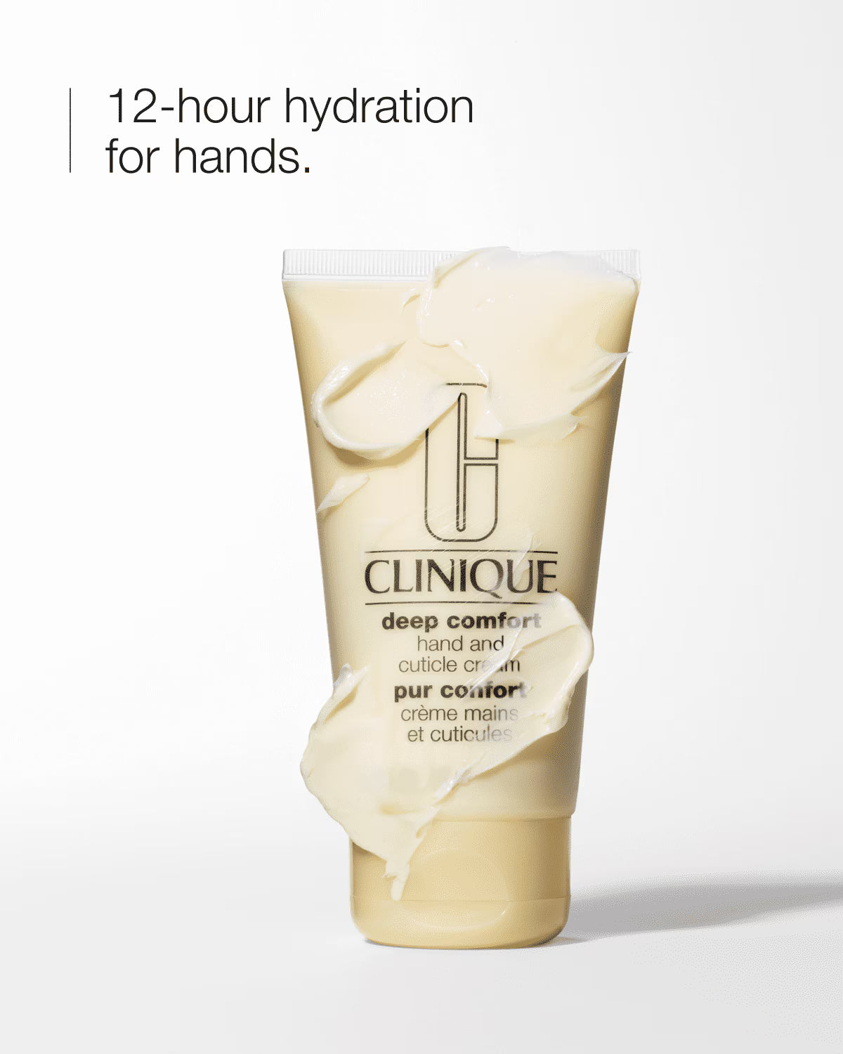 Clinique hand cream tube with text '12-hour hydration for hands' on a white background