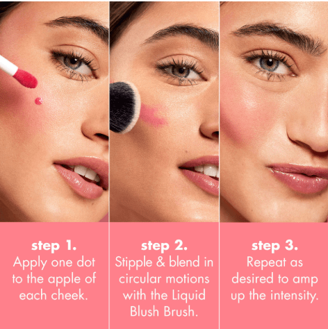 Step-by-step makeup tutorial for applying blush with a brush on a pink background