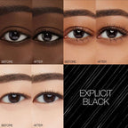 Before and after comparison of eye makeup with 'Explicit Black' label.