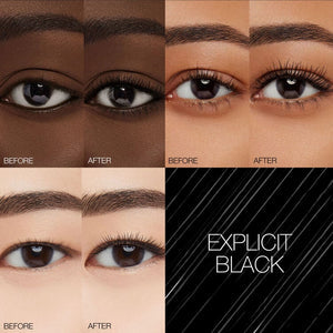 Before and after comparison of eye makeup with 'Explicit Black' label.