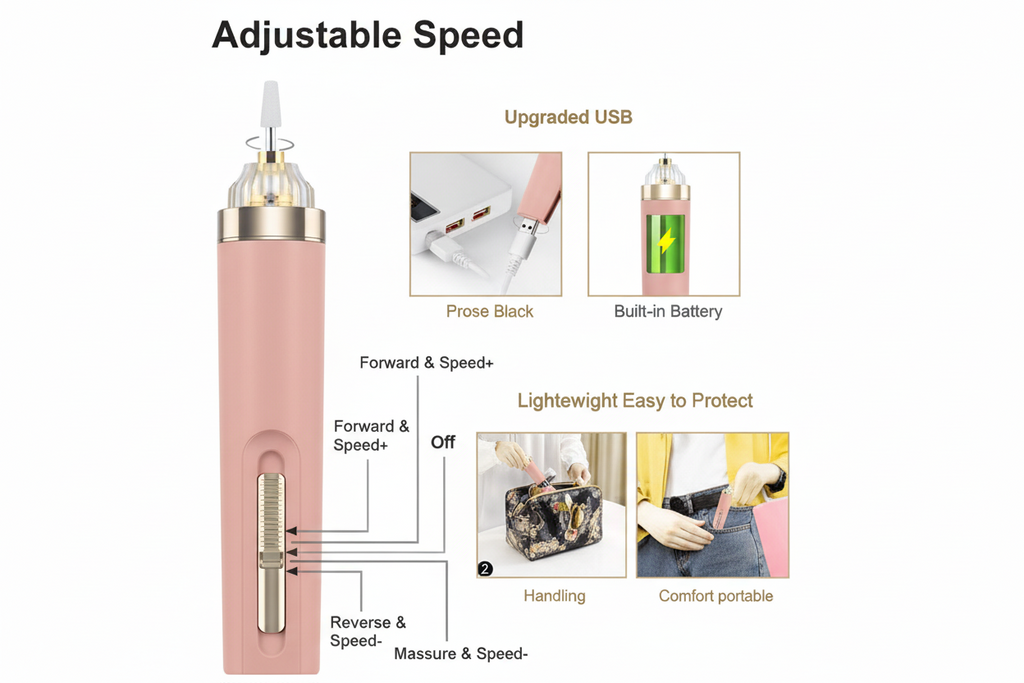 Product image with adjustable speed feature and close-up details on a white background