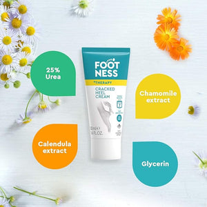 Foot cream with ingredients listed on a white background with flowers
