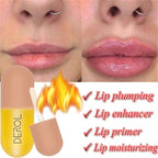 Before and after comparison of lips with a lip product labeled 'DEROL' and text highlighting features.