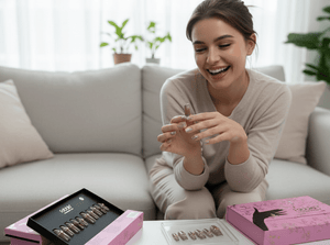 Woman sitting on a couch with makeup products in front of her