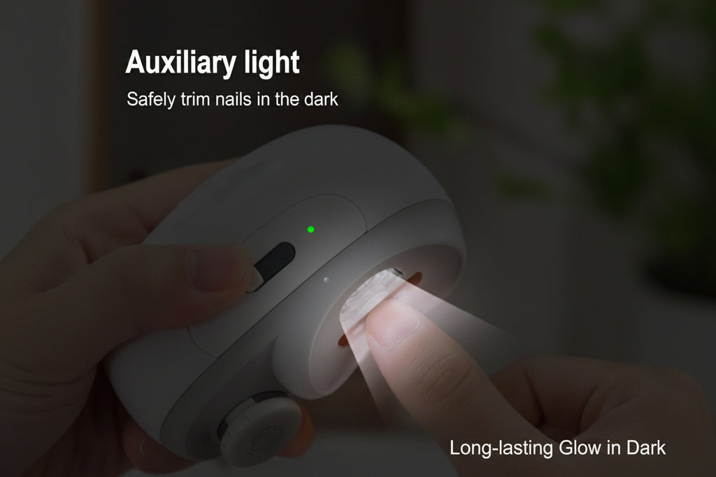 Nail clipper with auxiliary light being used in a dark setting