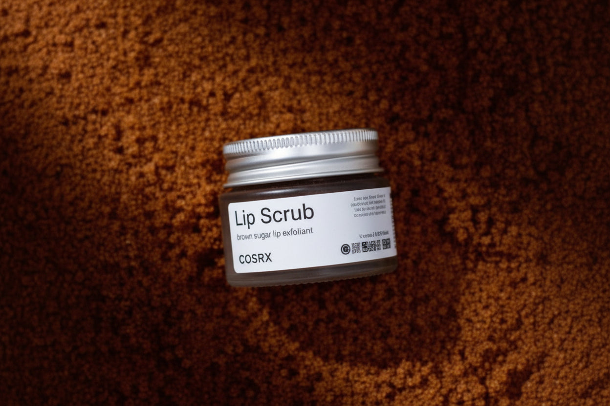 Cosrx lip scrub jar on a brown textured background