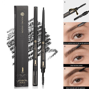 Eyebrow pencil with packaging and usage instructions on a white background