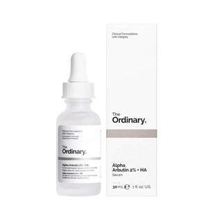 The Ordinary Alpha Arbutin 4% + HA skincare serum bottle and packaging on a white background