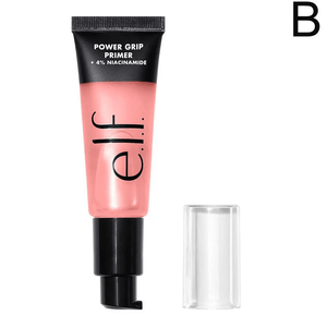 Tube of e.l.f. Power Grip Primer with black cap and pink body on a white background