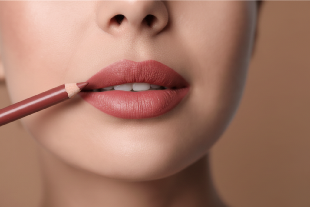 Close-up of a person applying lipstick with a brush