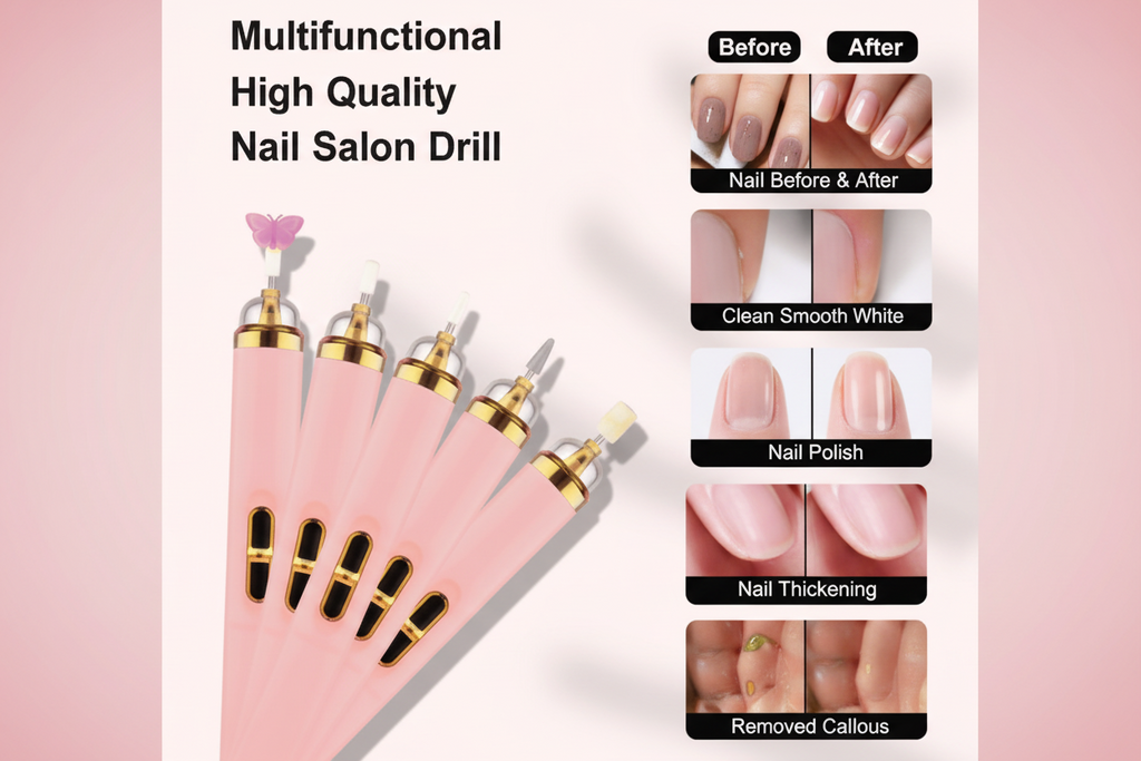 Multifunctional high-quality nail salon drill with before and after effects on nails.