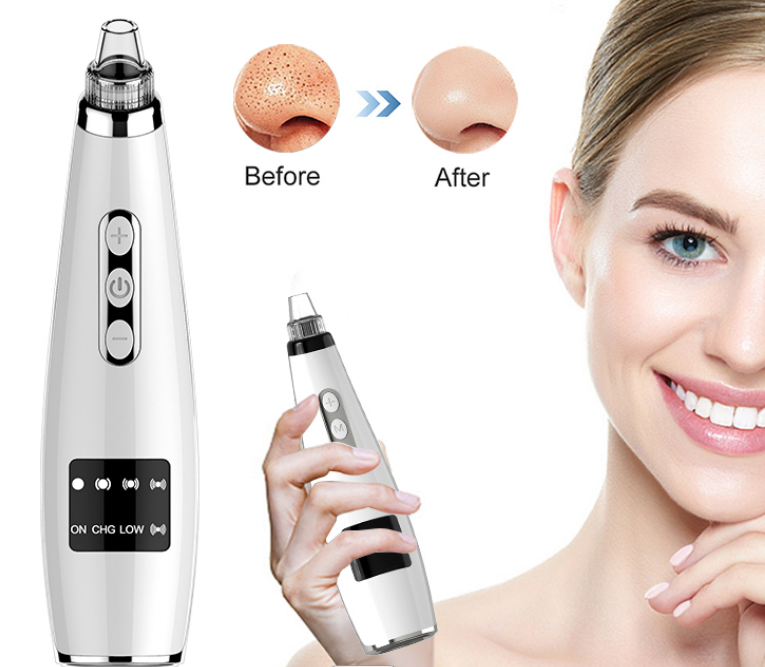 Nose hair trimmer with before and after effect on skin, next to a smiling woman.