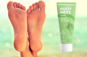 Foot scrub product with glittery feet on a gradient background
