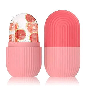 Pink lip balm with grapefruit design on a white background