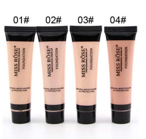Four tubes of Miss Rose foundation with different shades on a white background