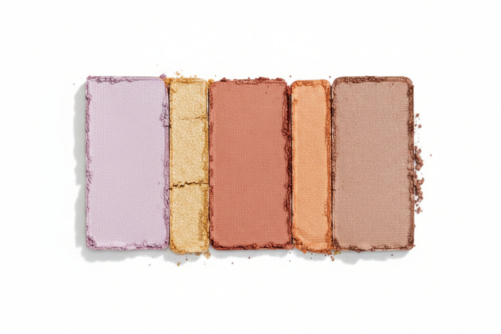 Set of four makeup blushes in different shades on a white background