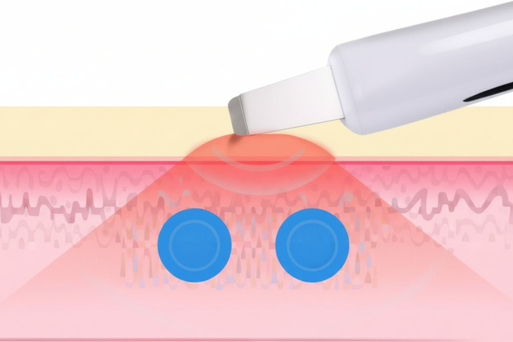 Illustration of a scalpel cutting through tissue with blue circles and wavy lines on a pink background
