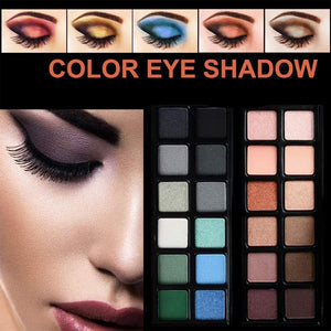 Makeup palette with color swatches and a close-up of a woman's face with eye makeup.