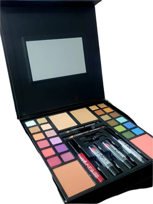 Makeup palette with various colors and tools on a white background
