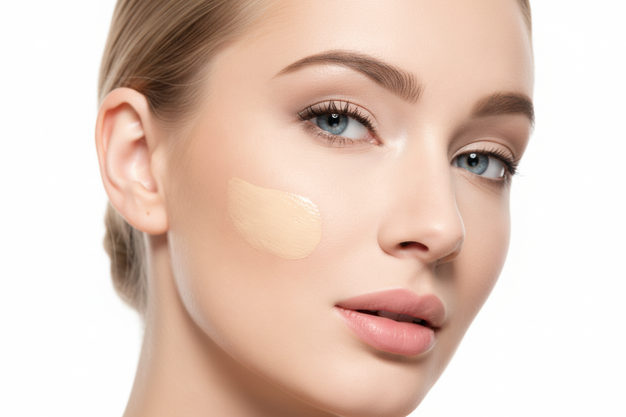 Close-up of a woman's face with makeup application on her cheek