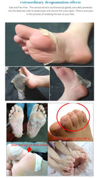 Collage of foot care products and processes with close-up shots of feet and skin.