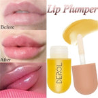 Lip plumper product with 'Before' and 'After' comparison of lips, featuring the brand 'DEROL'.