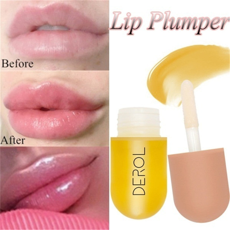 Lip plumper product with 'Before' and 'After' comparison of lips, featuring the brand 'DEROL'.