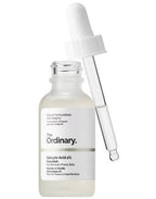 Skincare serum bottle with dropper labeled 'The Ordinary' on a white background