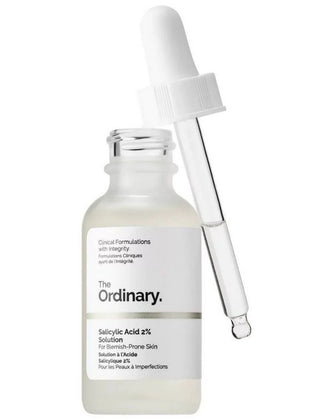 Skincare serum bottle with dropper labeled 'The Ordinary' on a white background