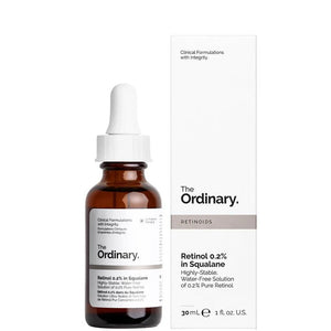 The Ordinary skincare serum bottle with dropper and packaging on a white background