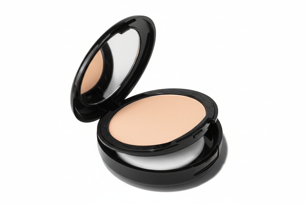 Compact powder in a black case on a white background
