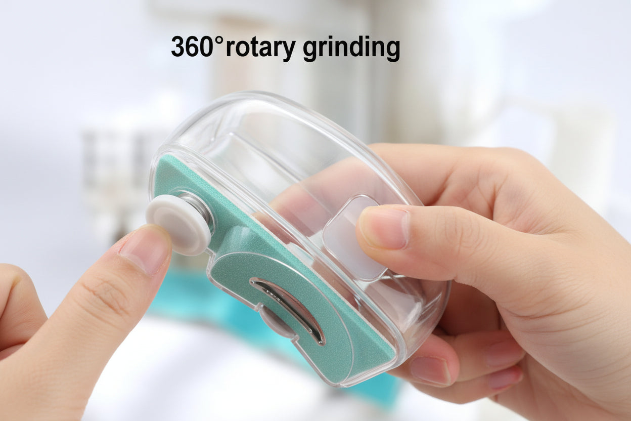 Hand holding a white rotary grinder with '360° rotary grinding' text on a blurred background