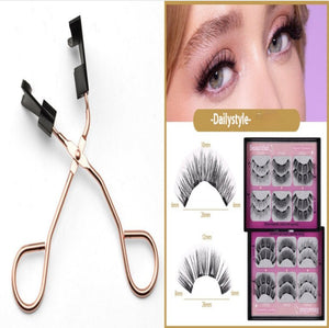 Eyelash curler and false eyelashes set with a close-up of an eye wearing false eyelashes.