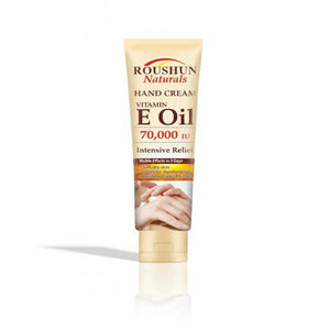 Roushun Naturals hand cream with vitamin E oil on a white background