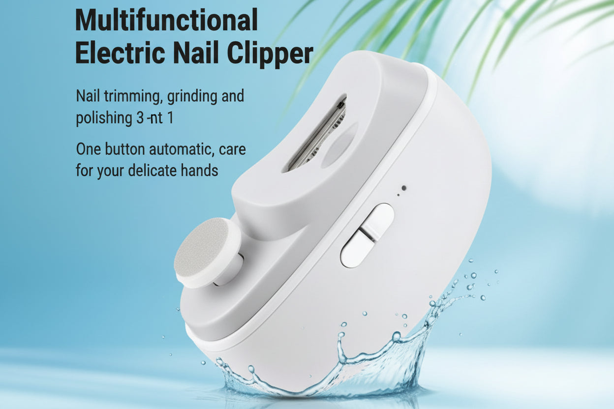 Multifunctional electric nail clipper on a light blue background